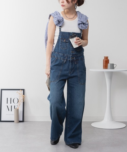 サロペット オーバーオール デニムサロペットワイドパンツ ワイド