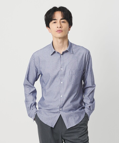 ユナイテッドアローズ　ブルーワイドストライプ レギュラーカラーシャツ　S BEAUTY＆YOUTH UNITED ARROWS シャツ クイック ストレッチ ストライプ