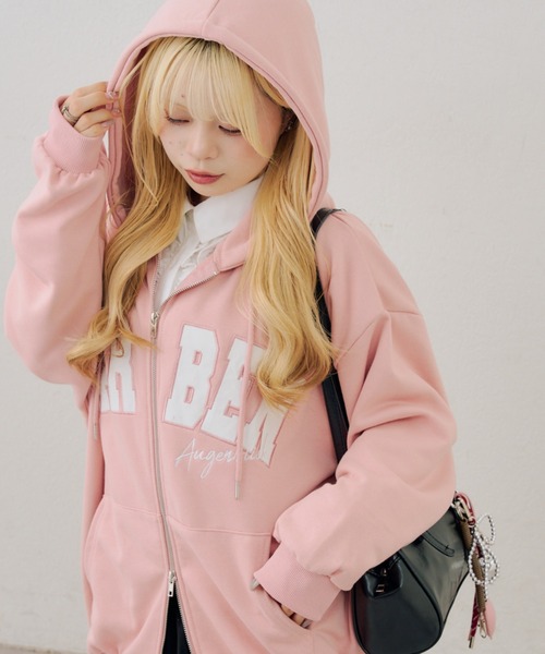 I ♥ NY 薄いピンク フード付きパーカー ピグメントハートロゴWZIPパーカー（大きいサイズ・ぽっちゃり女子向け