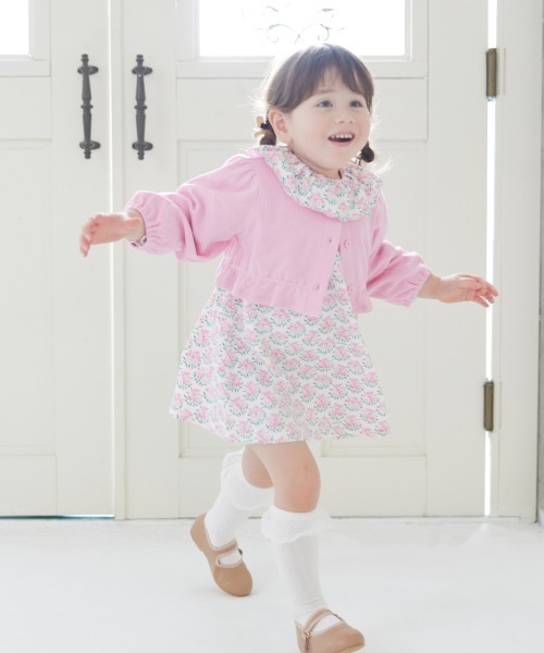 ワンピース 「2点セット」カラーショートカーディガン＆フラワー長袖