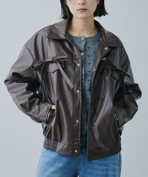 Mirette レザージャケット ライダース フロントリボンポケット 合成