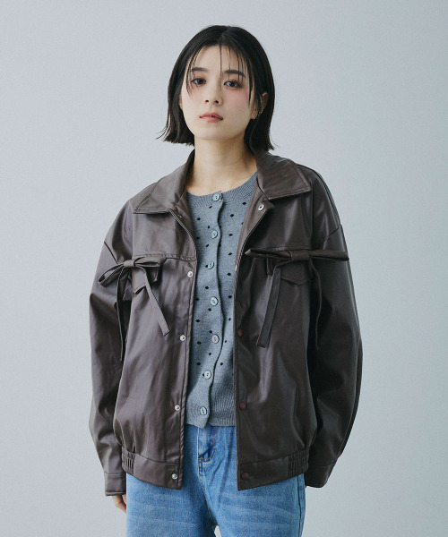 Mirette レザージャケット ライダース フロントリボンポケット 合成