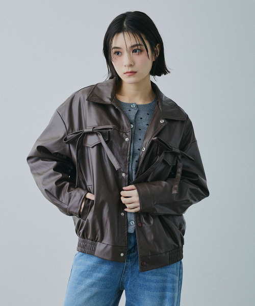 Mirette レザージャケット ライダース フロントリボンポケット 合成