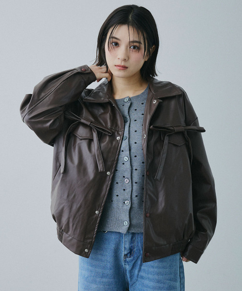 Mirette レザージャケット ライダース フロントリボンポケット 合成