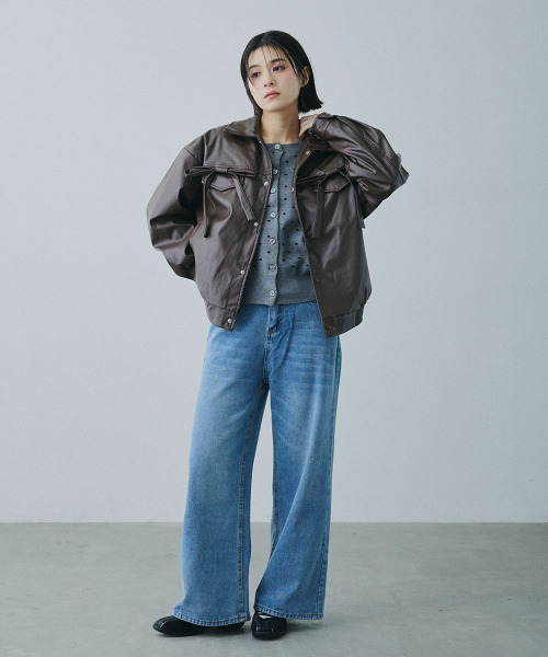 Mirette レザージャケット ライダース フロントリボンポケット 合成