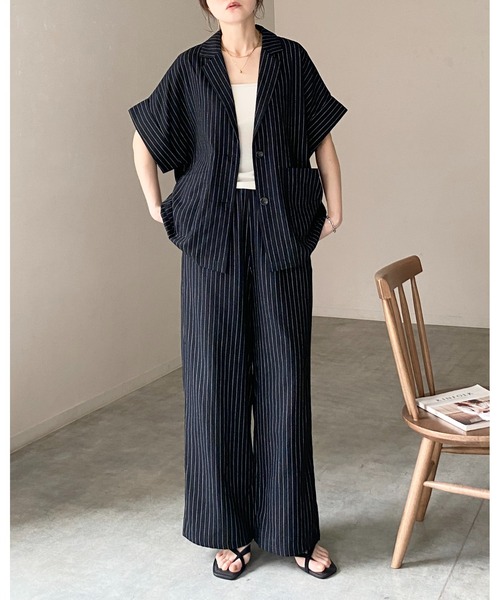 NEWYORKER セットアップ/リネン調ジャケット&パンツ　入学式春夏 She's Closet セットアップ 夏 リネンタッチ半袖テーラードジャケット