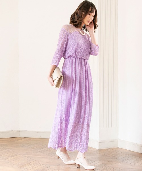 troisiemeCHACO ドレス chaco/レース×ドットチュール セミロングドレス 
