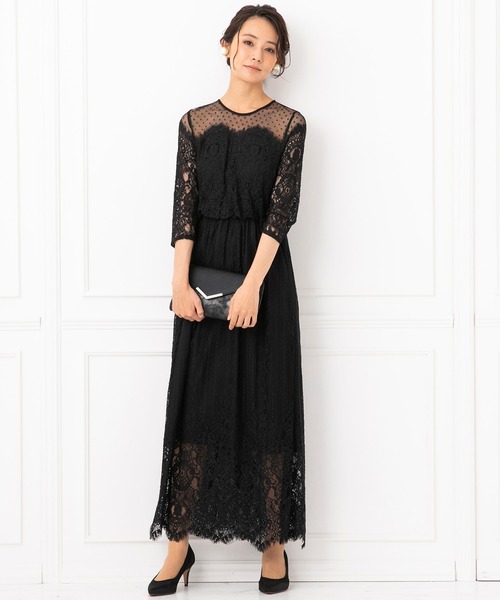 troisiemeCHACO ドレス chaco/レース×ドットチュール セミロングドレス 