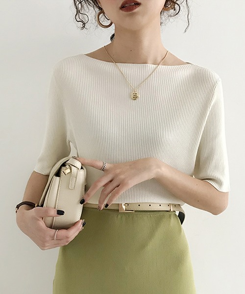 【美品】theory luxe サマーニット ベージュ 五分袖ニット Doula ニット セーター 5分袖サマーリブニットトップス