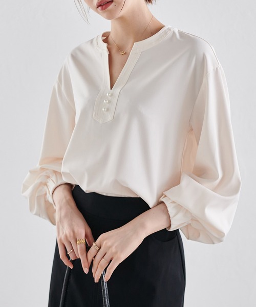 Rene パールbuttonブラウス Rene（ルネ） シャツ ブラウス 長袖 フリル フェイクパール スカラップ