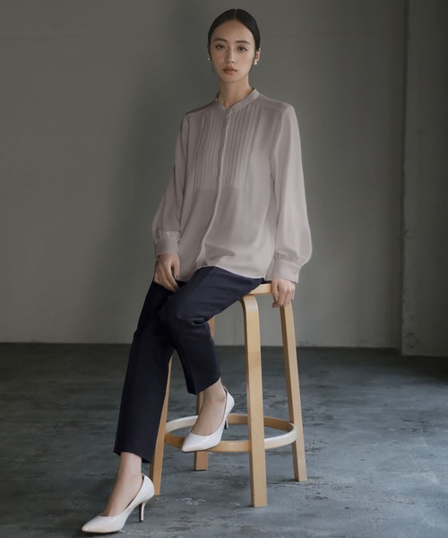 未使用級 NOBLE クリスタルプリーツスタンドネックブラウス とろみ 洗える/ストレッチ】プリーツスタンドカラーブラウス 「T1458」