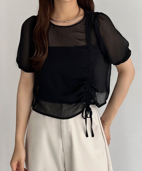 売れ筋商品|||ビーヤング Tシャツ レディース トップス BYTELLA - Top - seagrass GeeRA tシャツ スナップボタンワッフルクロップドトップス