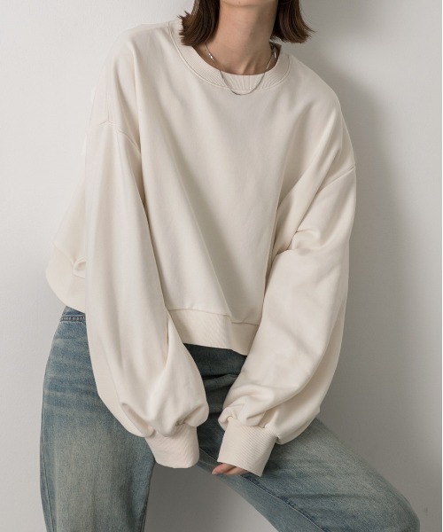 トレーナー スウェット プリント＆刺繍入り短丈ラガー裏毛ドッキングプルオーバー レディース soffitto トレーナー スウェット プリント＆刺繍入り短丈ラガー