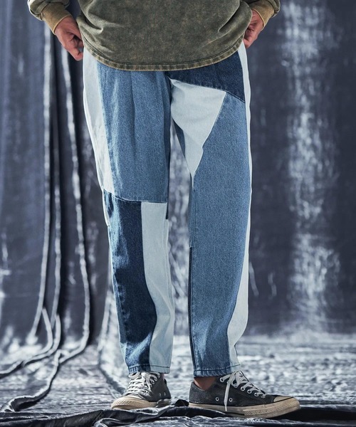 ワイドパンツ ジーンズ mp12739-Switching design denim pants デニムパンツ メンズ_2