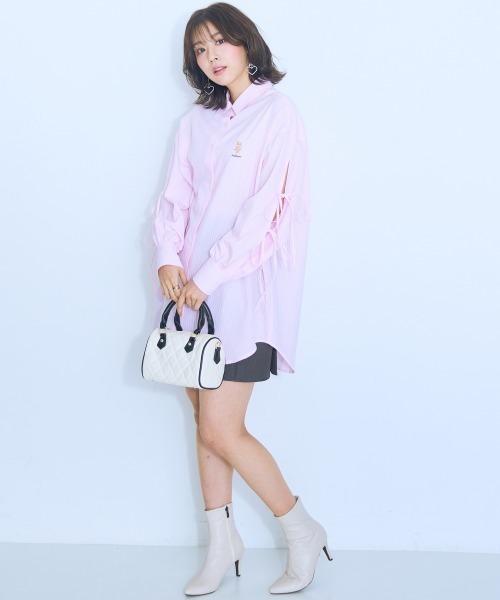 ブラウス シャツ 「大きいサイズ」くまちゃん刺しゅうスリットリボンロングシャツ marun レディース