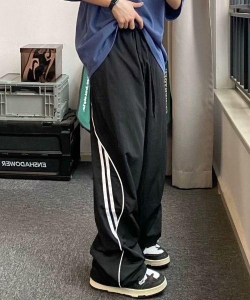 link lot パンツ パイピングサイドライン ナイロンワイドパンツ メンズ