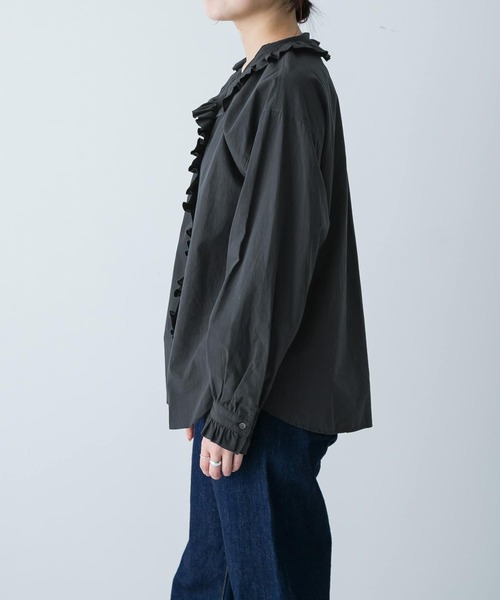 LOUDMOUTH フリル付き黒シャツ 定価12100円(税込) かぐれ ブラウス シャツ コットンフリルカラーシャツ レディース