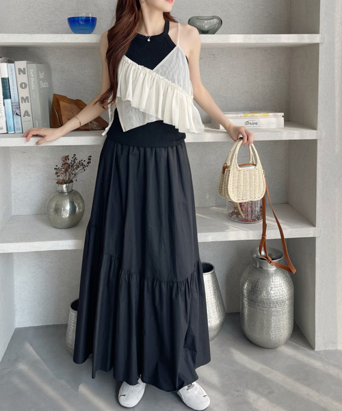 Ada. キャミソール アシンメトリー フリル リボン デザイン シアー