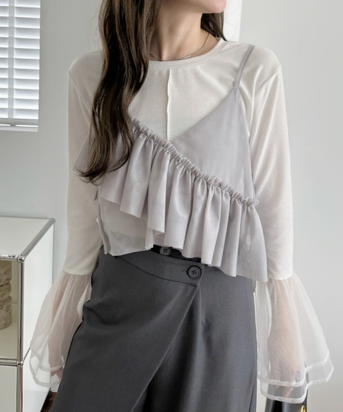 Ada. キャミソール アシンメトリー フリル リボン デザイン シアー