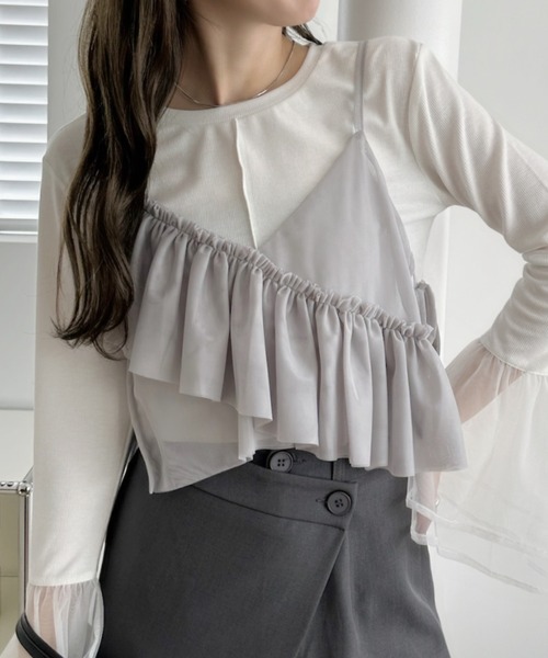 Ada. キャミソール アシンメトリー フリル リボン デザイン シアー