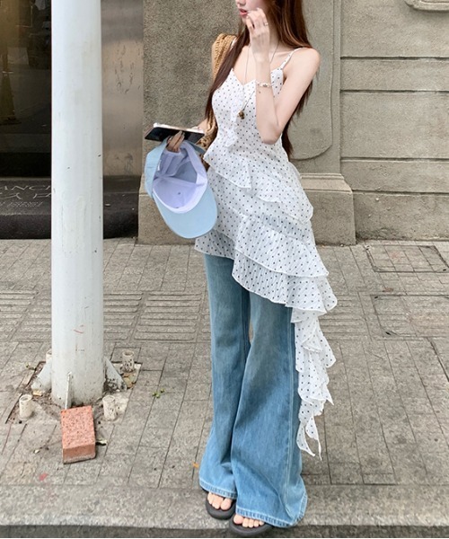 gossip!ロサンゼルス ワンピース Y2K ドットティアードフリルキャミ