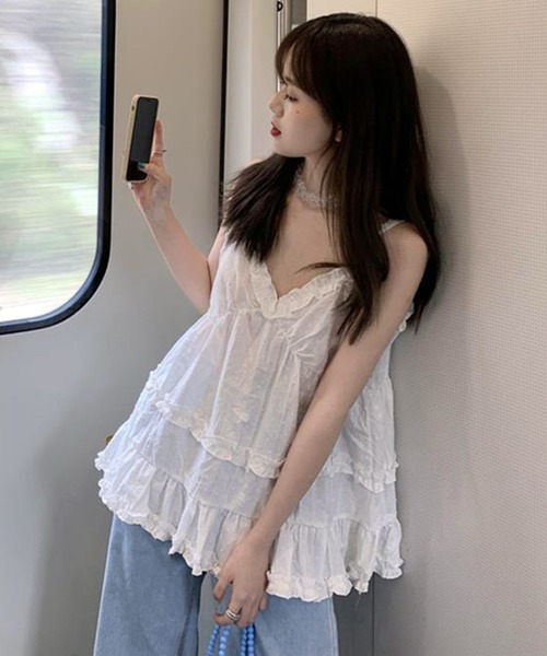 【極美品】D＆G ディーアンドジー　花柄フリルキャミソール　バックジップ WESTSEA（ウエストシー） キャミソール フリルティアード × 無地カット