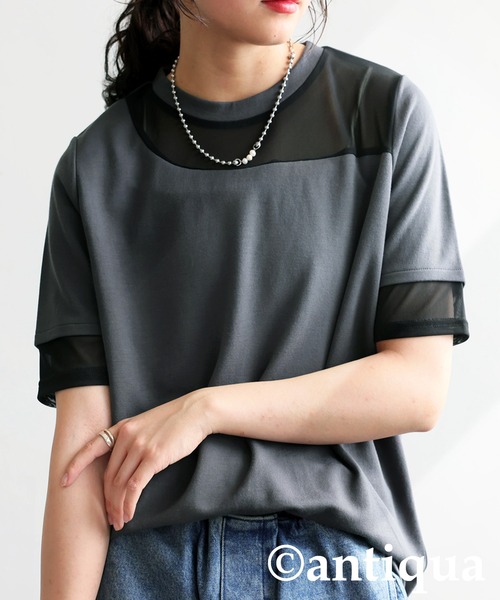 antiqua（アンティカ） tシャツ シアー切替半袖トップス レディース