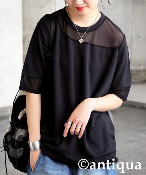 antiqua（アンティカ） tシャツ シアー切替半袖トップス レディース