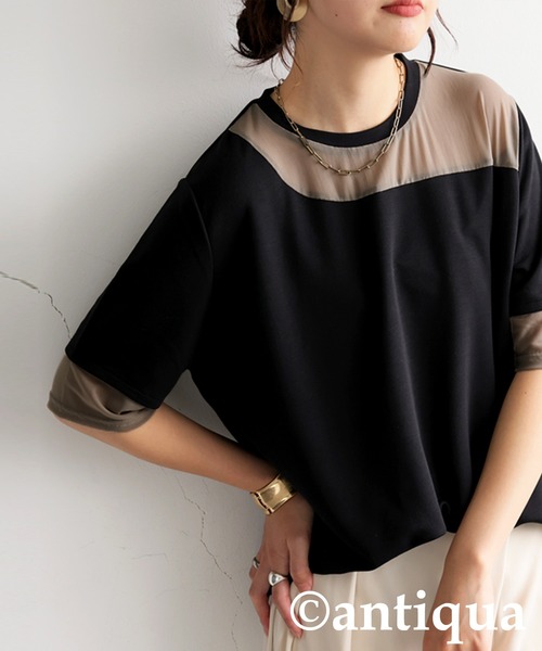 antiqua（アンティカ） tシャツ シアー切替半袖トップス レディース