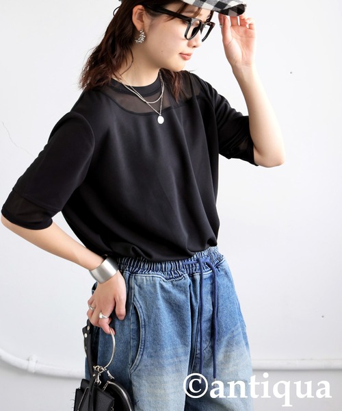 antiqua（アンティカ） tシャツ シアー切替半袖トップス レディース