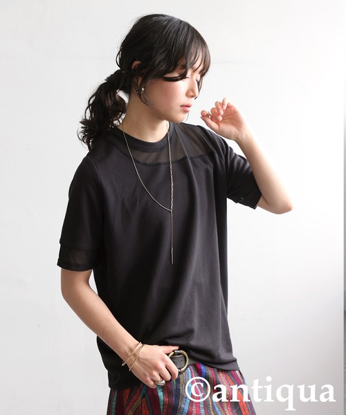 ANNITAN 半袖トップス antiqua（アンティカ） tシャツ シアー切替半袖トップス レディース