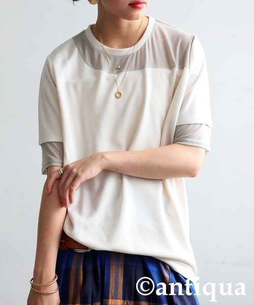 antiqua（アンティカ） antiqua tシャツ 半袖 シアー切替半袖トップス