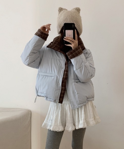 ダウンコート ダウンジャケット チェック柄切り替え エコダウン