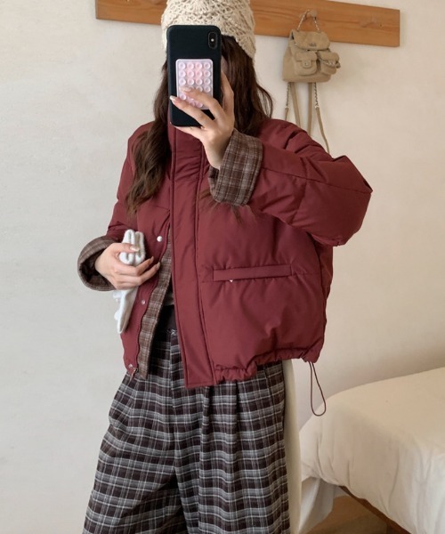 チェック柄ダウンジャケット ベージュブラウン ダウンコート ダウンジャケット チェック柄切り替え エコダウン