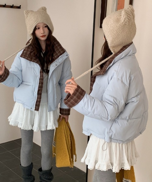 ダウンコート ダウンジャケット チェック柄切り替え エコダウン