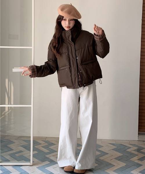 ダウンコート ダウンジャケット チェック柄切り替え エコダウン