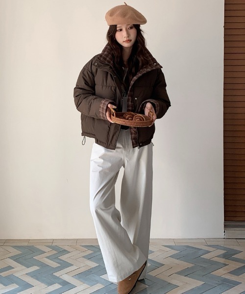 チェック柄ダウンジャケット ベージュブラウン ダウンコート ダウンジャケット チェック柄切り替え エコダウン