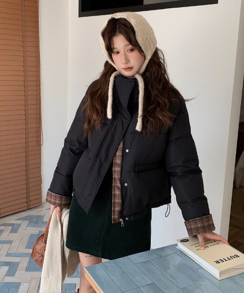 ダウンコート ダウンジャケット チェック柄切り替え エコダウン