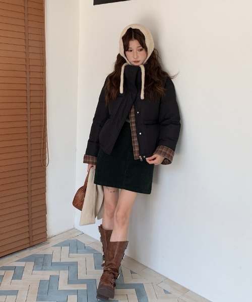 チェック柄ダウンジャケット ベージュブラウン ダウンコート ダウンジャケット チェック柄切り替え エコダウン
