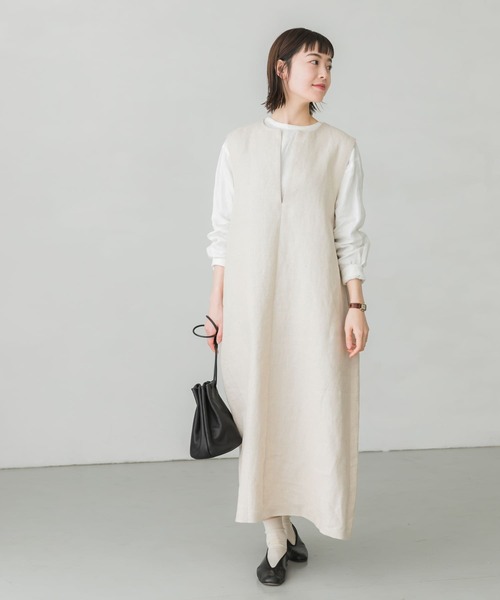かぐれ 24SS リネンレーヨンワイドワンピース 青 ゆったり ナチュラル 半袖