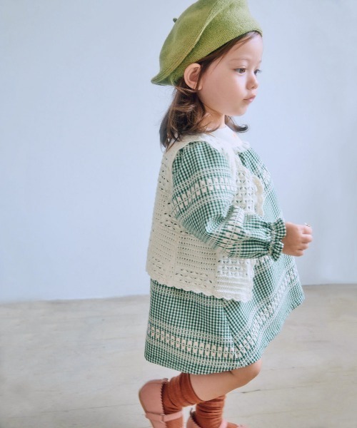 ワンピース グリーンチェック長袖ワンピース キッズ 子供服 女の子