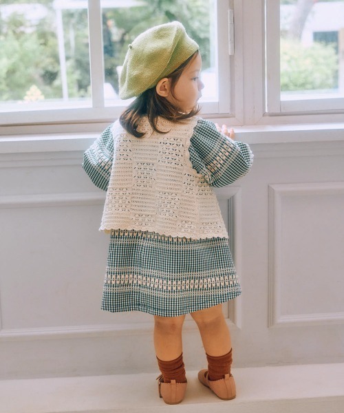 ワンピース グリーンチェック長袖ワンピース キッズ 子供服 女の子