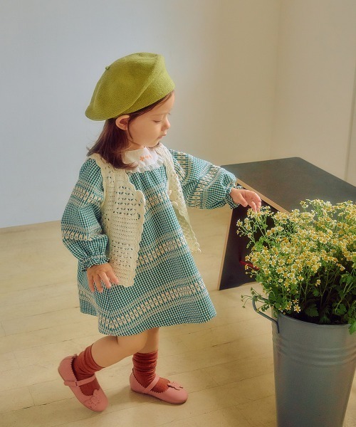 ワンピース グリーンチェック長袖ワンピース キッズ 子供服 女の子 