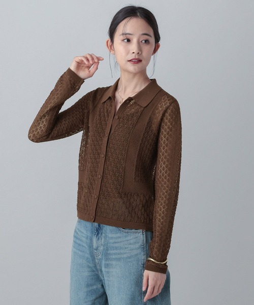 ブルマリン 金色レース ミンク襟 長袖カーディガン ブラウン GLOBAL WORK（グローバルワーク） tシャツ MATINEE LINE/透かし編み