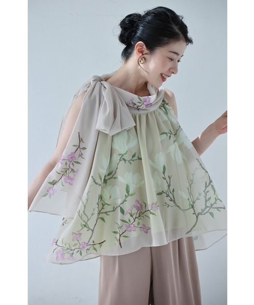cawaii ブラウス シャツ ふんわりリボンネックのアジアンな花画 