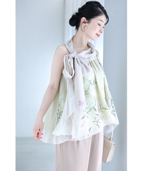 cawaii ブラウス シャツ ふんわりリボンネックのアジアンな花画 