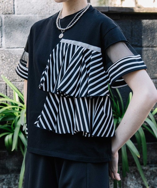 「MARECHAL TERRE」 半袖カットソー MEDIUM ブラック×ホワイト レディース_画像2
