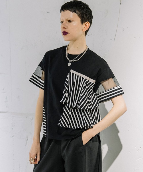 「MARECHAL TERRE」 半袖カットソー MEDIUM ブラック×ホワイト レディース_画像7