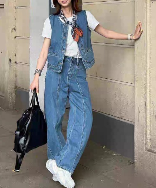 FAVORITO セットアップ デニムノースリーブトップスワイドパンツ