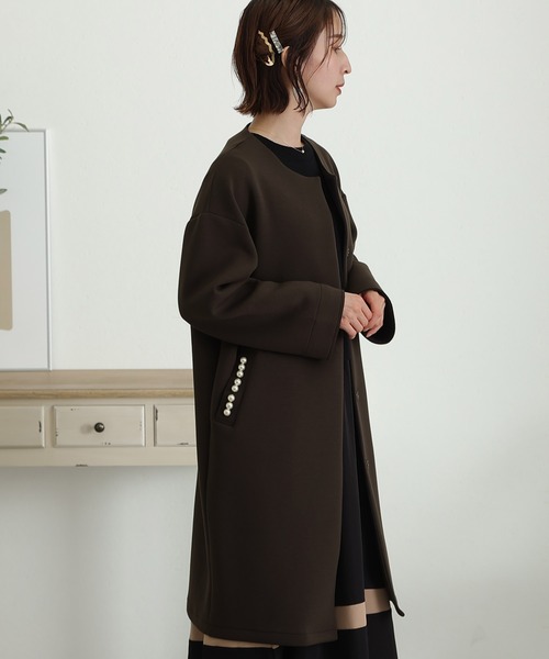 ElegChic ジャケット テーラードジャケット パールデザインノーカラー